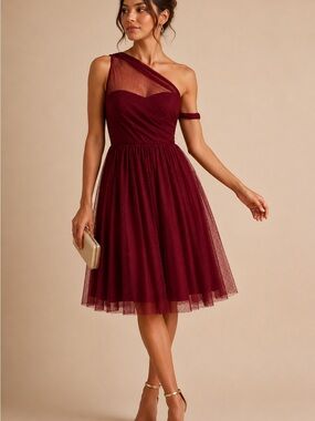 ASOS Burgundy One Shoulder Tulle Cocktail Dress Sz 8 Ruched Sexy Siren Party